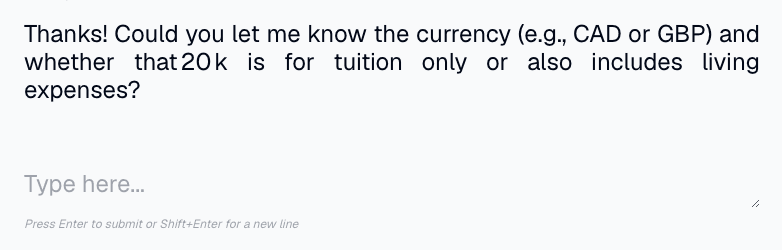 ConvoForm follow-up asking whether 20k covers tuition only or also living costs
